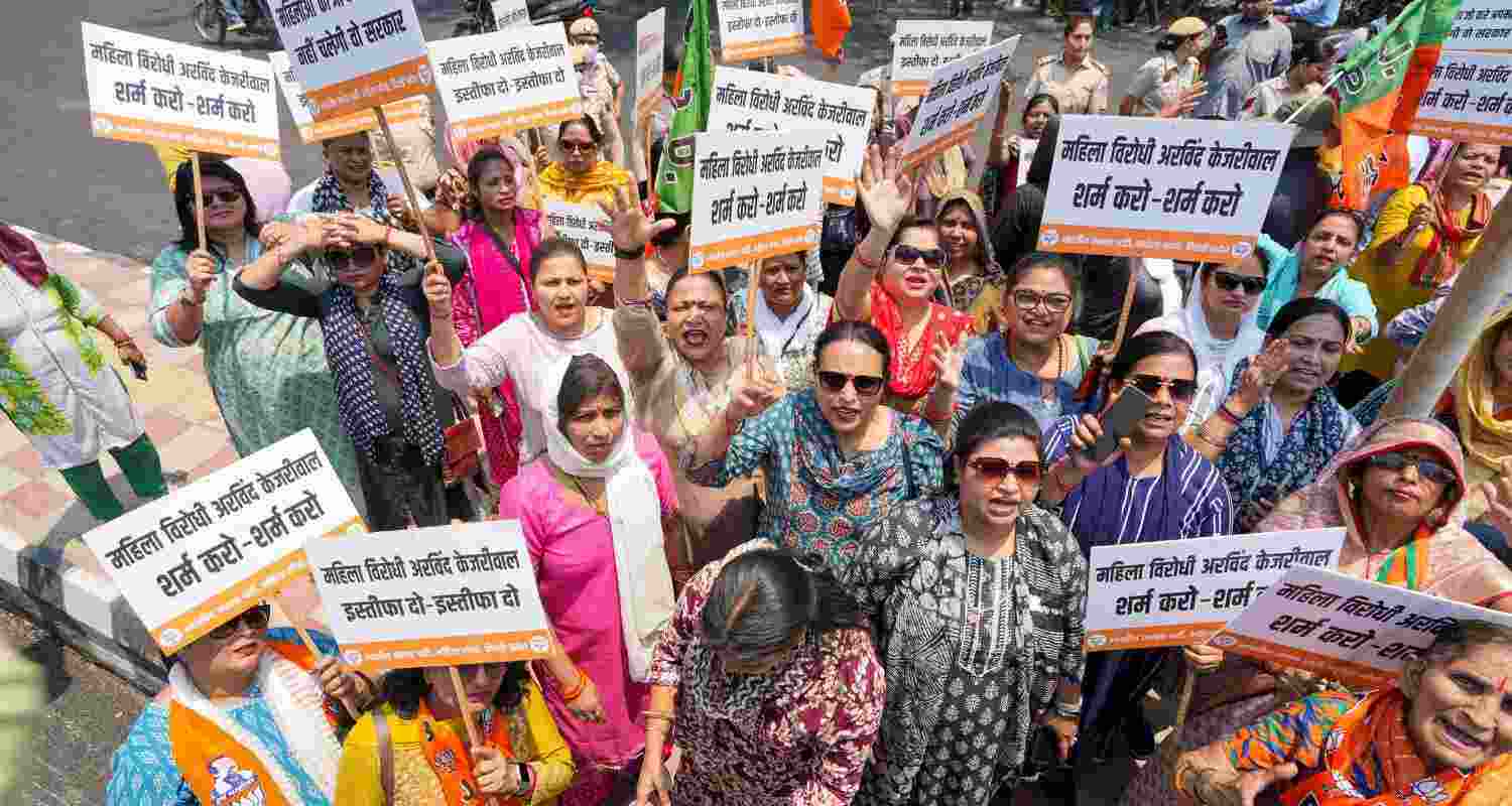 BJP women workers stage a protest against Delhi Chief Minister Arvind Kejriwal, in New Delhi, Wednesday.  BJP women workers stage a protest against Delhi Chief Minister Arvind Kejriwal, in New Delhi, Wednesday.