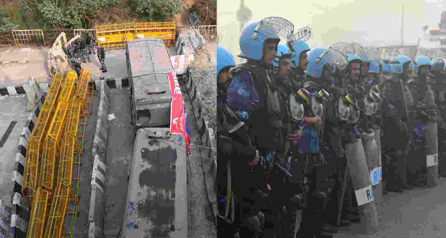 Multi-layered barricading installed at Ghazipur border (Left), Security personnel deployed at Singhu border in view of farmers' 'Delhi Chalo' march, in New Delhi (Right).  Multi-layered barricading installed at Ghazipur border (Left), Security personnel deployed at Singhu border in view of farmers' 'Delhi Chalo' march, in New Delhi (Right).