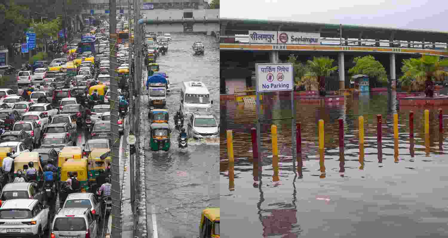 Vehicles stuck in a traffic jam at ITO amid waterlogging after rain (left), Waterlogging after rain at the Seelampur metro station premises, in New Delhi (right).  Vehicles stuck in a traffic jam at ITO amid waterlogging after rain (left), Waterlogging after rain at the Seelampur metro station premises, in New Delhi (right).