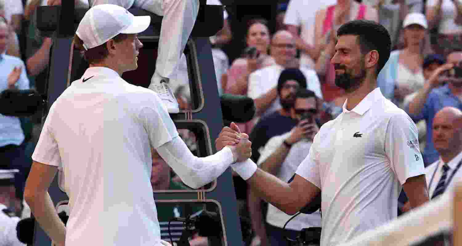 Italy's Jannik Sinner shakes hands with Serbia's Novak Djokovic after winning his semifinal match. Italy's Jannik Sinner shakes hands with Serbia's Novak Djokovic after winning his semifinal match.