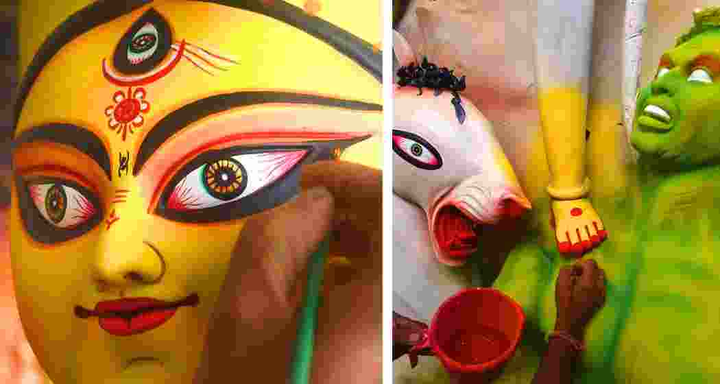 Kumartuli artisans give finishing touches of colour to Durga idols. Kumartuli artisans give finishing touches of colour to Durga idols.