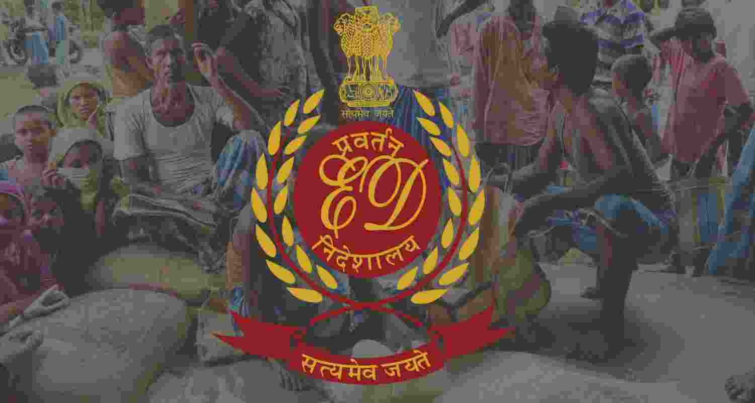 The Logo of the Enforcement Directorate superimposed on an image of a Ration shop in west Bengal. The Logo of the Enforcement Directorate superimposed on an image of a Ration shop in west Bengal.