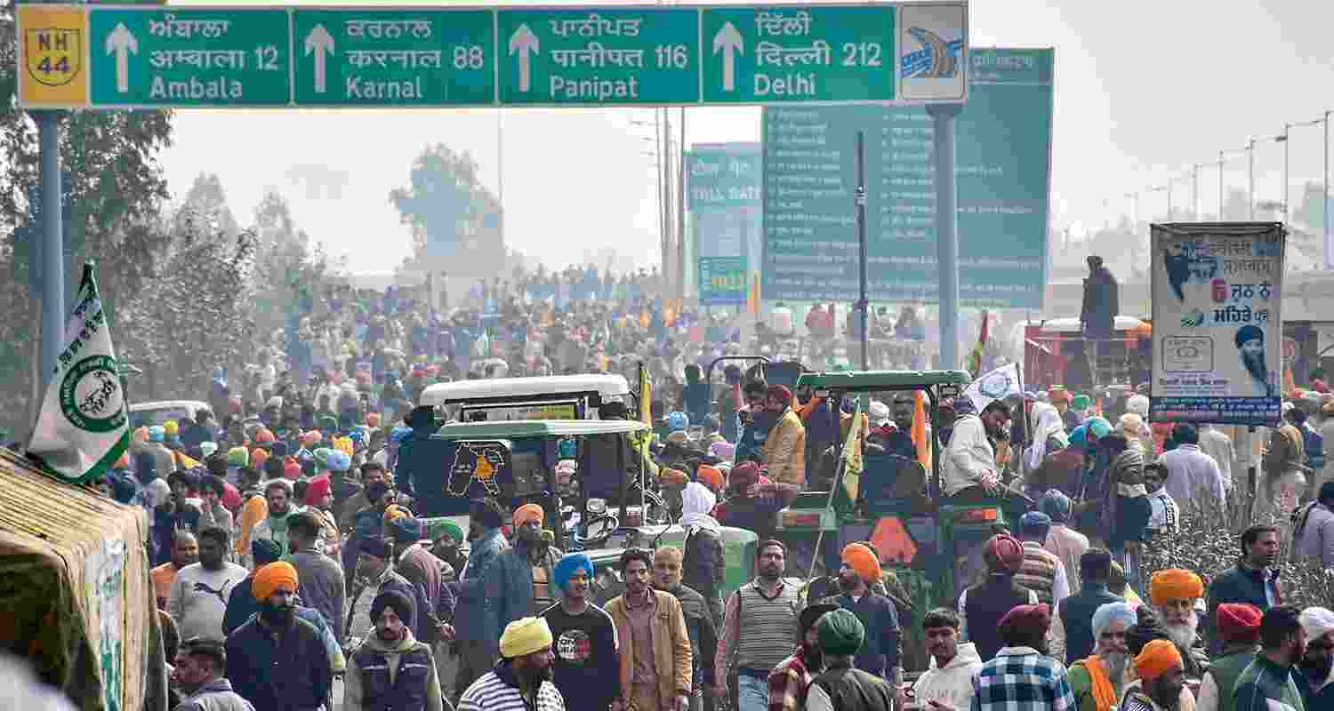 Farmers assemble at the Shambhu border (Punjab-Haryana) for their 'Delhi Chalo' march, near Ambala, Tuesday.  Farmers assemble at the Shambhu border (Punjab-Haryana) for their 'Delhi Chalo' march, near Ambala, Tuesday.