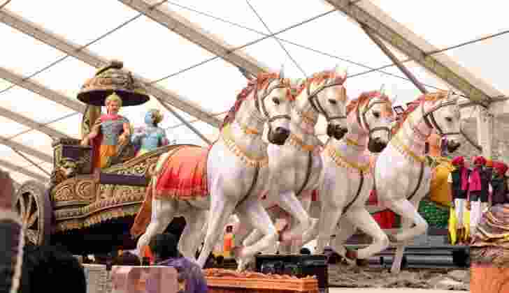 Haryana's tableau of Virat Swaroop of Lord Krishna, with the theme of International Gita Mahotsav 2024. Image: X.  Haryana's tableau of Virat Swaroop of Lord Krishna, with the theme of International Gita Mahotsav 2024. Image: X.