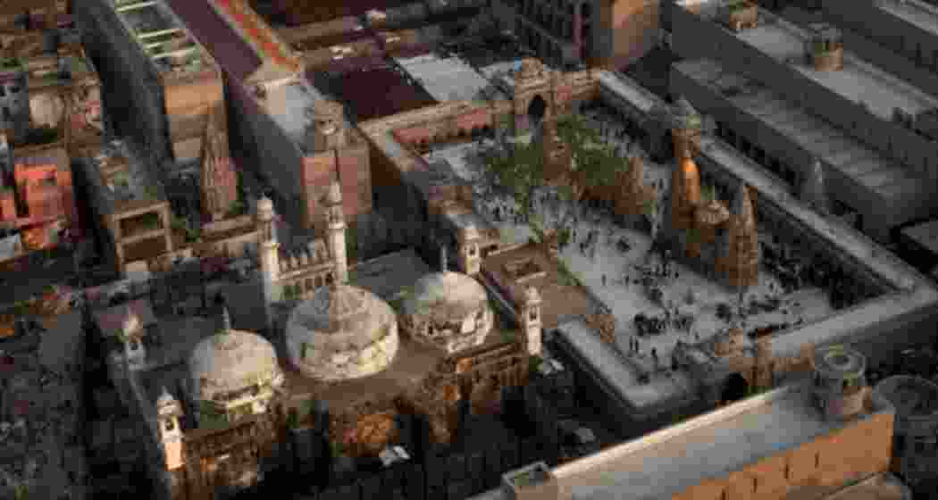 An aerial photograph of the Gyanvapi mosque complex in Varanasi. An aerial photograph of the Gyanvapi mosque complex in Varanasi.