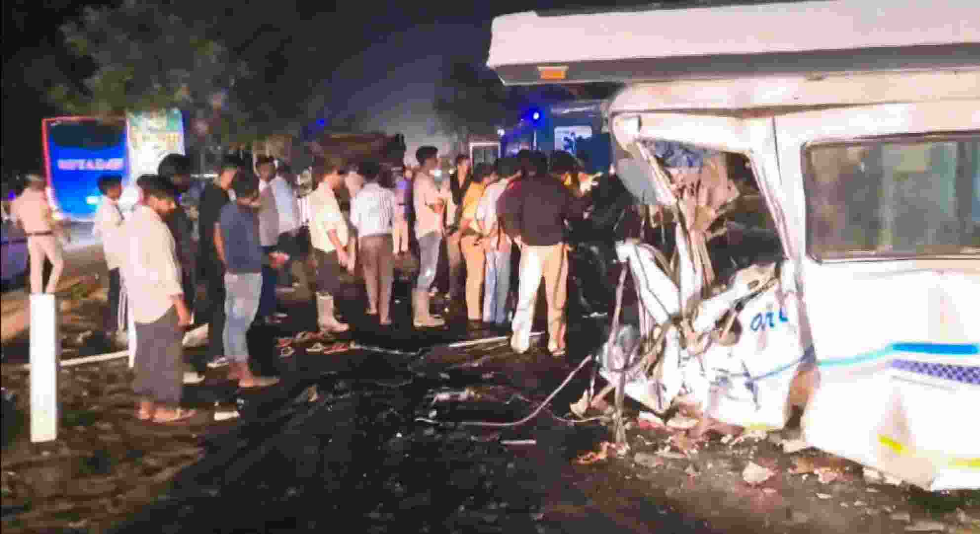 The bus was carrying 30 people, all relatives, from Uttar Pradesh's Bulandshahr when it collided with the truck near Mohra village on the Ambala-Delhi Highway early on Thursday. The bus was carrying 30 people, all relatives, from Uttar Pradesh's Bulandshahr when it collided with the truck near Mohra village on the Ambala-Delhi Highway early on Thursday.