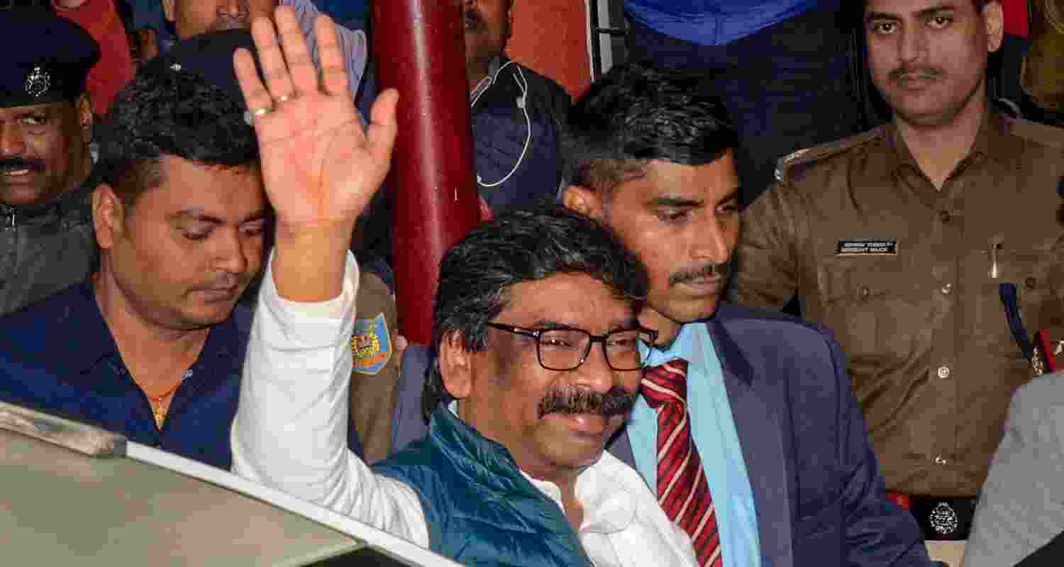 Hemant Soren being taken to judicial custody after ED arrested him from his residence. Hemant Soren being taken to judicial custody after ED arrested him from his residence.