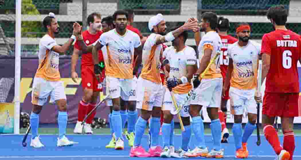 India’s men’s hockey team celebrates a dominant 14-3 victory over Canada at the Sultan Azlan Shah Cup in Ipoh, where Jugraj Singh scored four goals to help the side enter the final. India’s men’s hockey team celebrates a dominant 14-3 victory over Canada at the Sultan Azlan Shah Cup in Ipoh, where Jugraj Singh scored four goals to help the side enter the final.