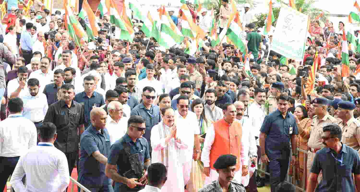 BJP Leaders J P Nadda And Gujarat CM Bhupendra Patel Lead Tiranga Yatra In Rajkot. BJP Leaders J P Nadda And Gujarat CM Bhupendra Patel Lead Tiranga Yatra In Rajkot.