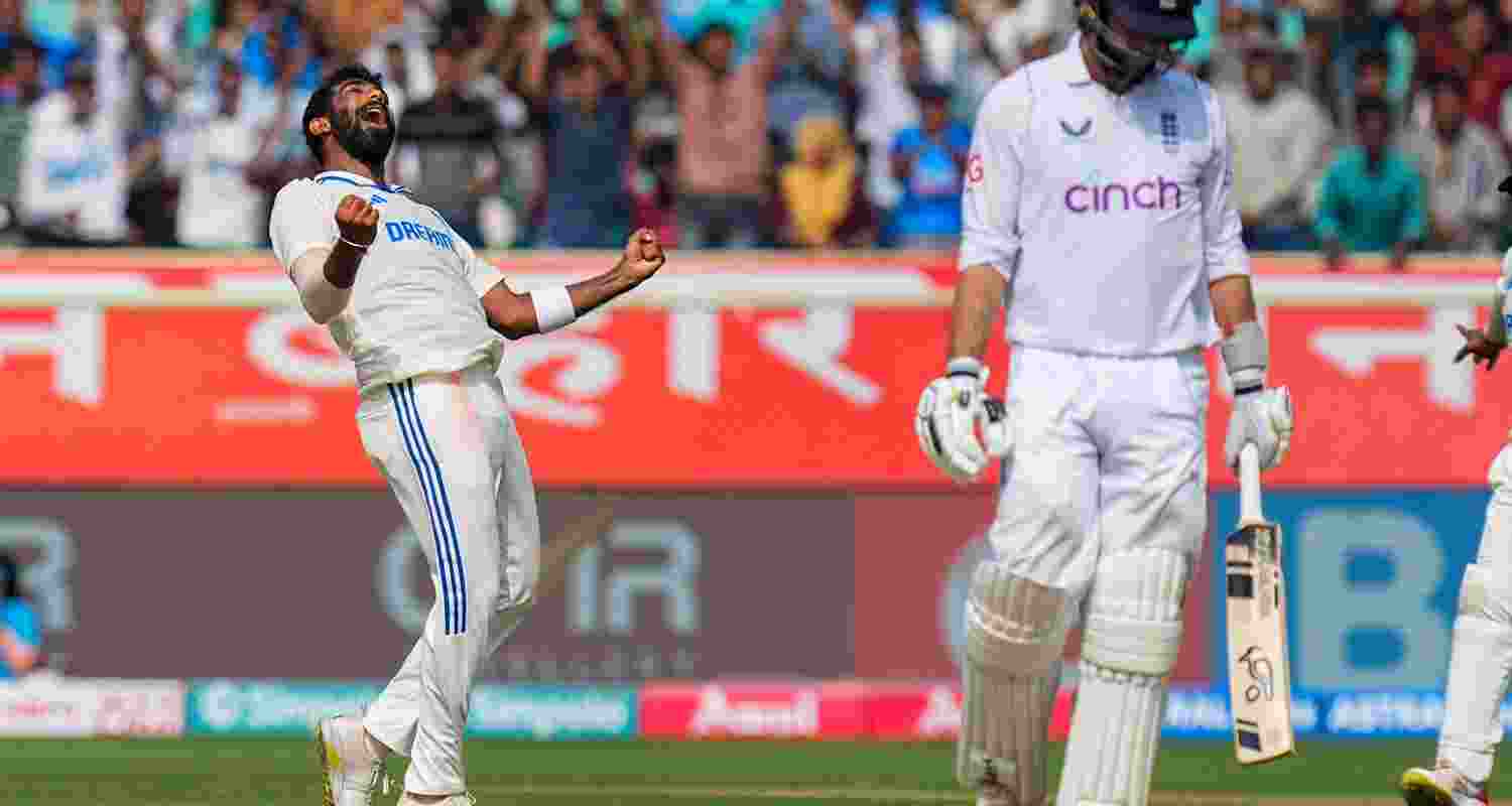 India's bowler Jasprit Bumrah celebrates for the wicket of England's batter Ben Foakes during the fourth day of the second Test match between India and England, at Dr Y.S. Rajasekhara Reddy ACA-VDCA Cricket Stadium, in Visakhapatnam on Monday. India's bowler Jasprit Bumrah celebrates for the wicket of England's batter Ben Foakes during the fourth day of the second Test match between India and England, at Dr Y.S. Rajasekhara Reddy ACA-VDCA Cricket Stadium, in Visakhapatnam on Monday.