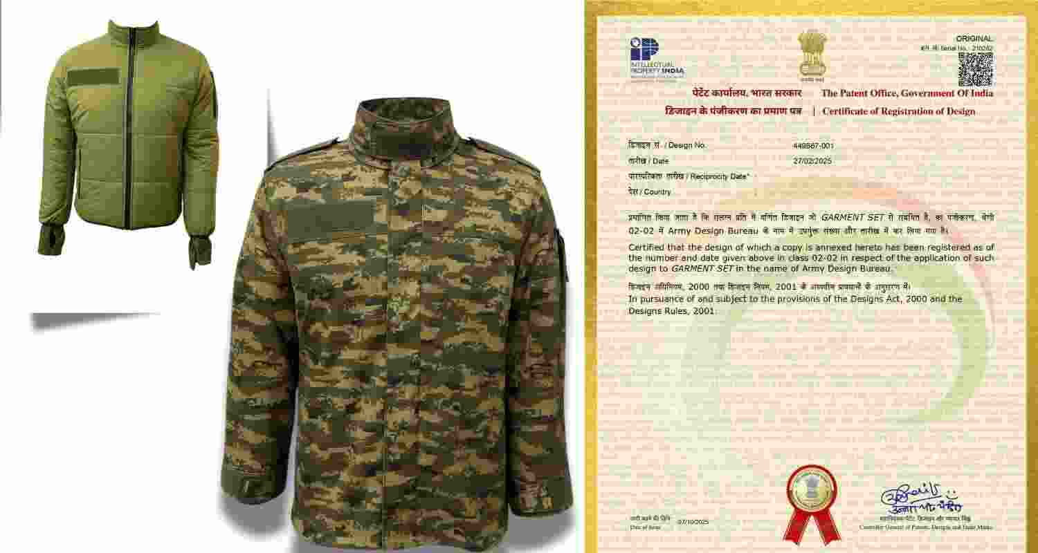 Indian Army secures Intellectual Property Rights for New Design Coat Combat (Digital Print). Indian Army secures Intellectual Property Rights for New Design Coat Combat (Digital Print).