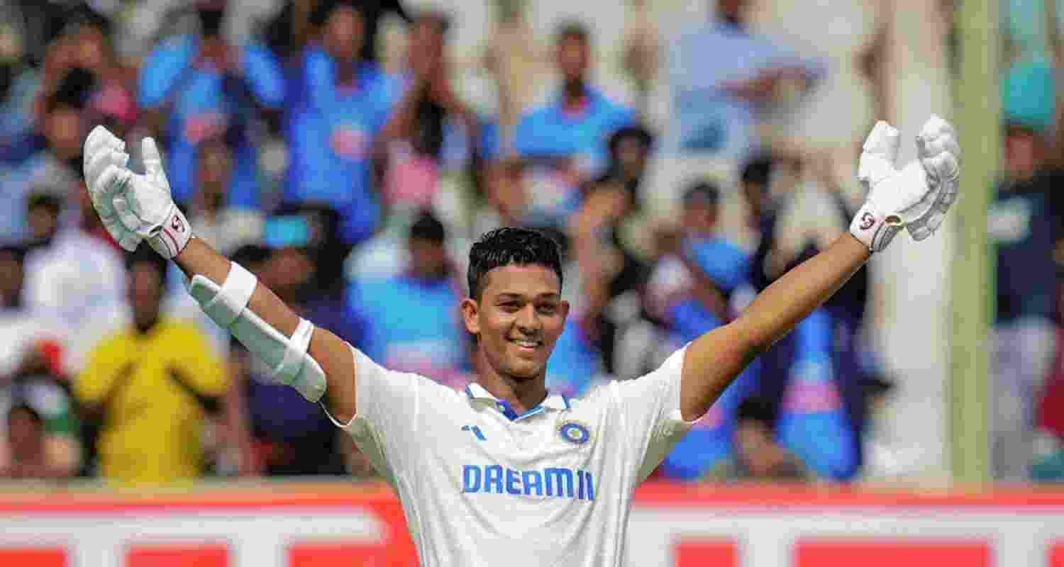 India's Yashasvi Jaiswal celebrates after scoring double century on the second day of the second cricket test match between India and England, at Dr. Y.S. Rajasekhara Reddy ACA-VDCA Cricket Stadium, in Visakhapatnam on Saturday. India's Yashasvi Jaiswal celebrates after scoring double century on the second day of the second cricket test match between India and England, at Dr. Y.S. Rajasekhara Reddy ACA-VDCA Cricket Stadium, in Visakhapatnam on Saturday.