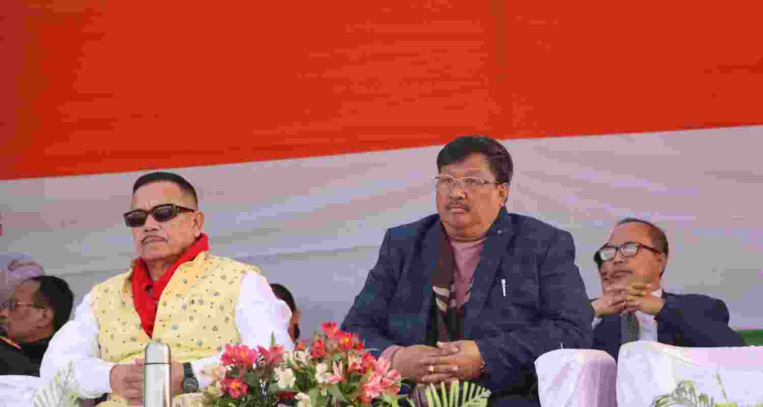 Thongam Shanti Singh, NPP's working president and MLA, (right) seen at the BJP Manipur office alongside other BJP MLAs. Thongam Shanti Singh, NPP's working president and MLA, (right) seen at the BJP Manipur office alongside other BJP MLAs.