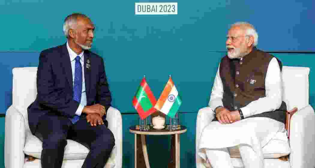 Maldives President Dr Mohamed Muizzu with Prime Minister Narendra Modi, on the sidelines of the COP28 in Dubai in December 2023. Maldives President Dr Mohamed Muizzu with Prime Minister Narendra Modi, on the sidelines of the COP28 in Dubai in December 2023.