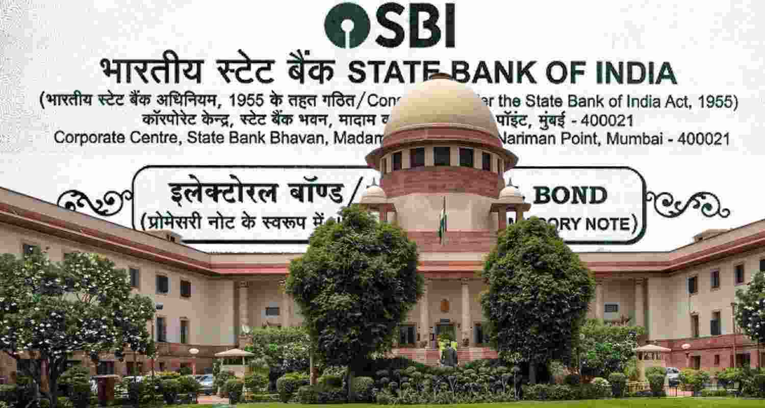 An image of the Supreme Court of India and an electoral bond. An image of the Supreme Court of India and an electoral bond.