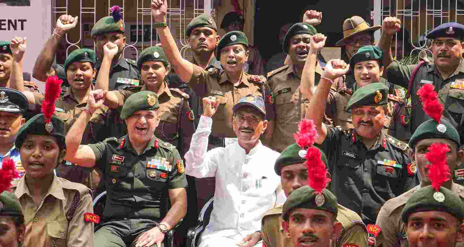 Union Minister of State for Defence Sanjay Seth poses for a group photo with NCC cadets during his visit to NCC Club House, at Maidan, in Kolkata, Thursday, July 11, 2024. Union Minister of State for Defence Sanjay Seth poses for a group photo with NCC cadets during his visit to NCC Club House, at Maidan, in Kolkata, Thursday, July 11, 2024.