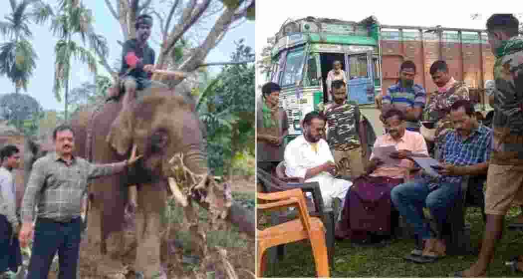 (Left) Omanakuttan Pillai supervising the loading of elephants onto trucks in Arunachal Pradesh. Pillai making a deal at Manas National Park, captured in 2021 (Right).  (Left) Omanakuttan Pillai supervising the loading of elephants onto trucks in Arunachal Pradesh. Pillai making a deal at Manas National Park, captured in 2021 (Right).