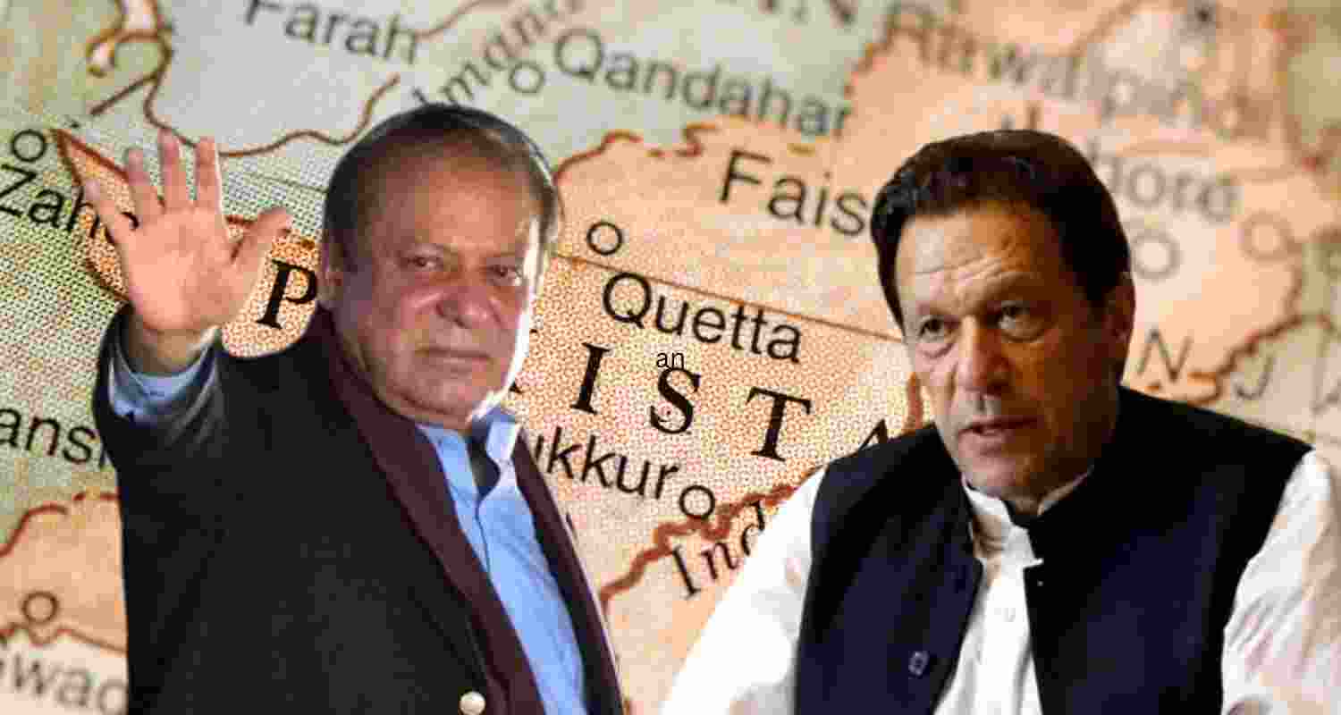 Former Pakistan PMs Nawaz Sharif and Imran Khan in front of a map of pakistan Former Pakistan PMs Nawaz Sharif and Imran Khan in front of a map of pakistan