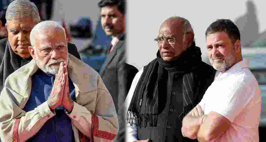 Prime Minister Narendra Modi (L) Congress's Mallikarjun Kharge (C) and Rahul Gandhi (R). Prime Minister Narendra Modi (L) Congress's Mallikarjun Kharge (C) and Rahul Gandhi (R).