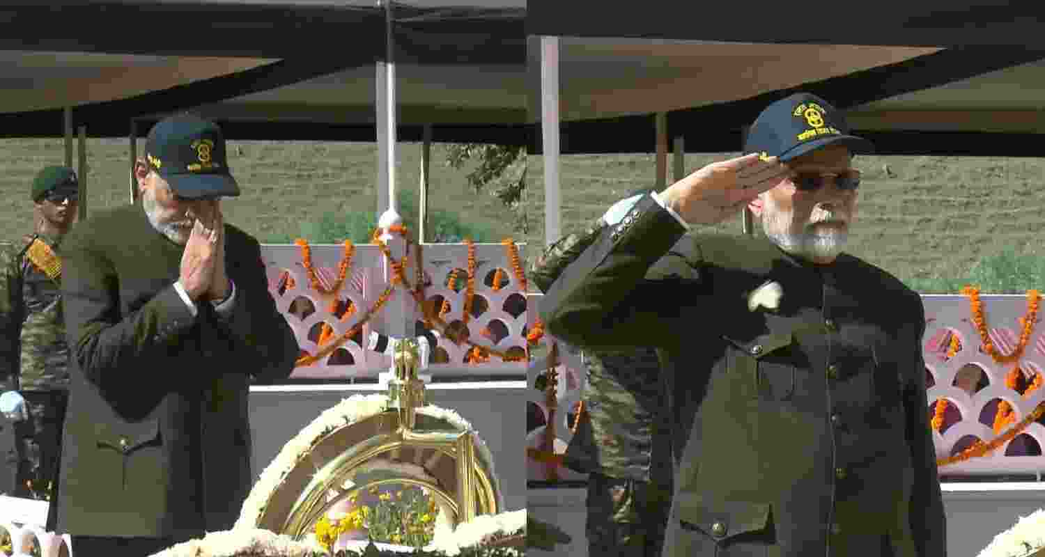 Prime Minister Narendra Modi pays homage at the Kargil War Memorial on the occasion of the 25th anniversary of the 'Kargil Vijay Diwas', in Dras, Friday, July 26, 2024. Prime Minister Narendra Modi pays homage at the Kargil War Memorial on the occasion of the 25th anniversary of the 'Kargil Vijay Diwas', in Dras, Friday, July 26, 2024.