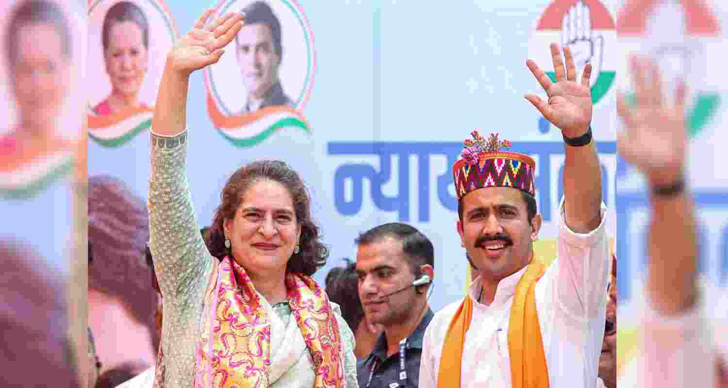 Congress leader Priyanka Gandhi Vadra during a public meeting in support of party candidate Vikramaditya Singh for Lok Sabha elections, in Kullu, Himachal Pradesh, Wednesday.  Congress leader Priyanka Gandhi Vadra during a public meeting in support of party candidate Vikramaditya Singh for Lok Sabha elections, in Kullu, Himachal Pradesh, Wednesday.