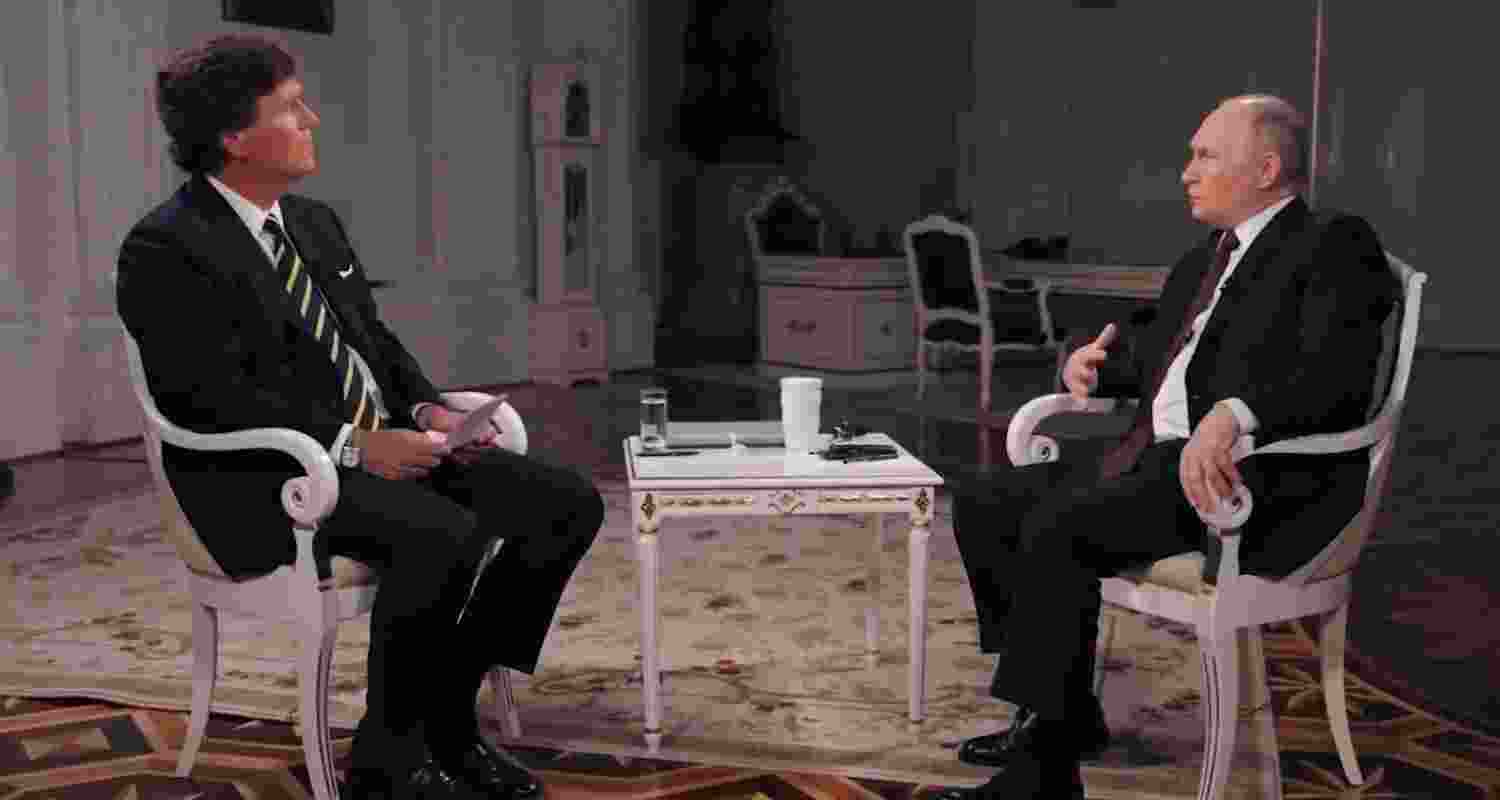 Tucker Carlson interviewing Russian President Vladimir Putin at the Kremlin, Moscow, Russia. Tucker Carlson interviewing Russian President Vladimir Putin at the Kremlin, Moscow, Russia.