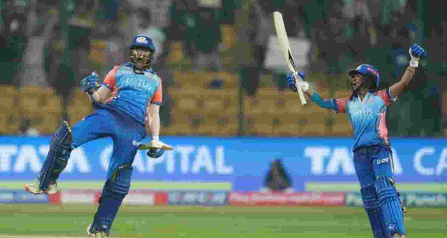 Sajeevan Sajana celebrates after securing a thrilling victory for Mumbai Indians against Delhi Capitals during the WPL 2024 opener in Bengaluru on Friday. Sajeevan Sajana celebrates after securing a thrilling victory for Mumbai Indians against Delhi Capitals during the WPL 2024 opener in Bengaluru on Friday.