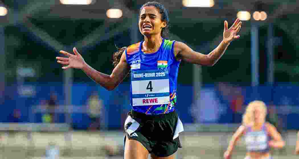 Indian athlete Seema breaks down in tears as she completes the final lap of the 5000m race at the World University Games in Rhine-Ruhr. Indian athlete Seema breaks down in tears as she completes the final lap of the 5000m race at the World University Games in Rhine-Ruhr.