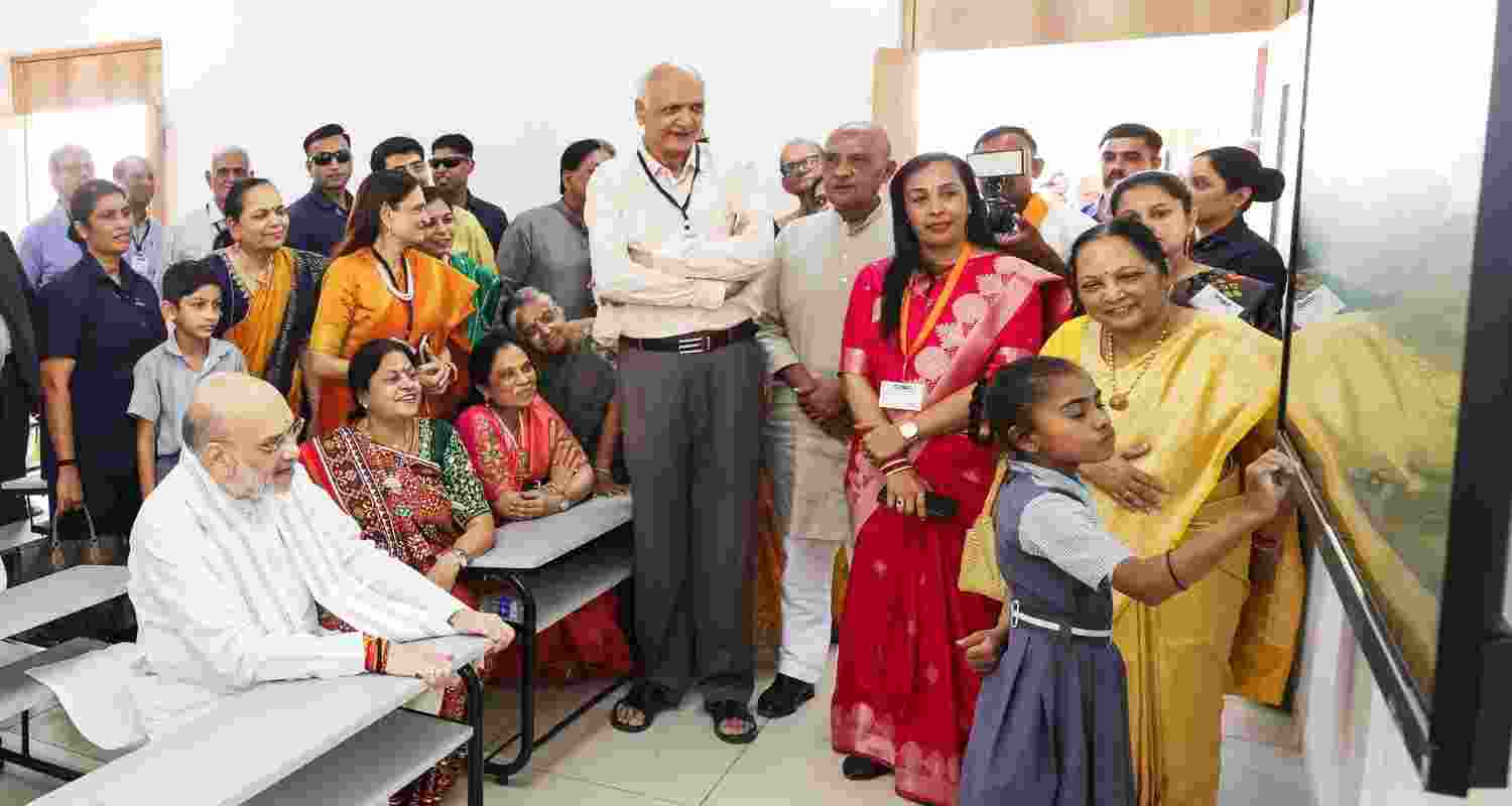Shah also visited a classroom and computer lab at the Vidya Bhavan and interacted with the students. Image: X Shah also visited a classroom and computer lab at the Vidya Bhavan and interacted with the students. Image: X