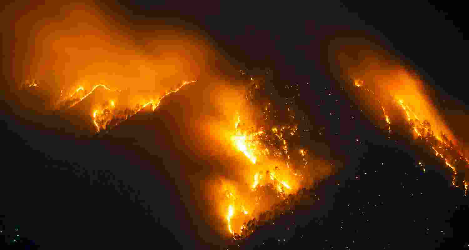 Flames billow out after a fire broke out in a forest near residential area, in Shimla, on Sunday night.  Flames billow out after a fire broke out in a forest near residential area, in Shimla, on Sunday night.