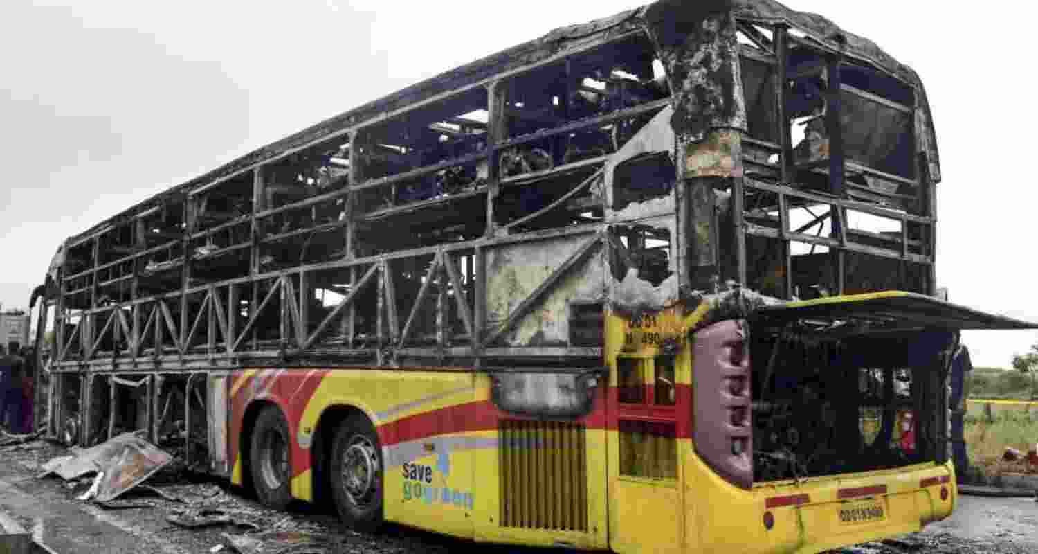 In the early hours of October 24, the sleeper coach ran over a two-wheeler, which had already been involved in an accident, at Chinna Tekuru village in Kurnool district.  In the early hours of October 24, the sleeper coach ran over a two-wheeler, which had already been involved in an accident, at Chinna Tekuru village in Kurnool district.