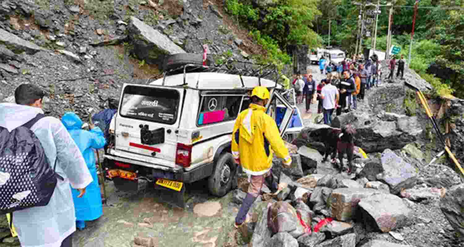 Damaged vehicle at Rudraprayag’s Munkatiya landslide zone, where two people were killed on Monday morning. Damaged vehicle at Rudraprayag’s Munkatiya landslide zone, where two people were killed on Monday morning.