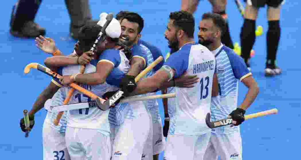 Harmanpreet and team after winning against New Zealand in their Opening match at the Paris Olympics. Harmanpreet and team after winning against New Zealand in their Opening match at the Paris Olympics.