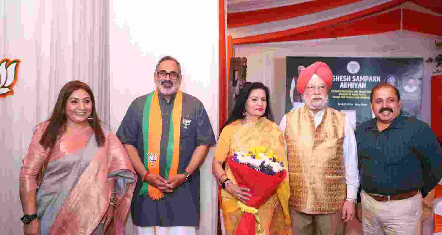 Union Minister Hardeep Singh Puri With MoS Rajeev Chandrasekhar at the BJP's Vishesh Sampark Abhiyan. Image X. Union Minister Hardeep Singh Puri With MoS Rajeev Chandrasekhar at the BJP's Vishesh Sampark Abhiyan. Image X.