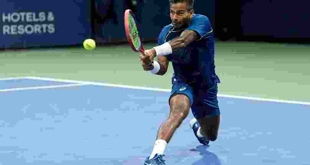 Sumit Nagal returning a shot to Tallon after the first round in the US Open Sumit Nagal returning a shot to Tallon after the first round in the US Open