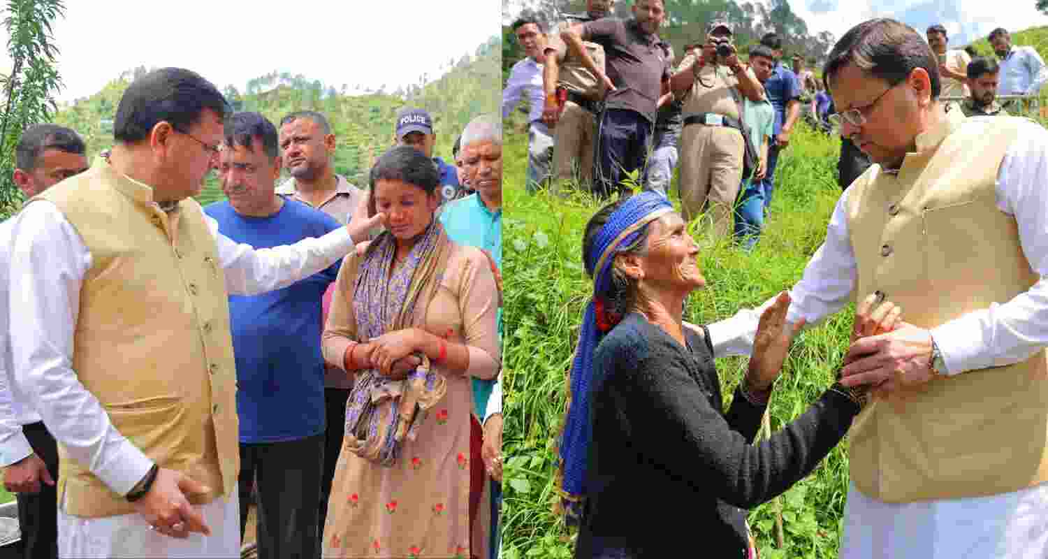 Uttarakhand Chief Minister Pushkar Singh Dhami interacts with locals from the flood-hit Dharali village. Uttarakhand Chief Minister Pushkar Singh Dhami interacts with locals from the flood-hit Dharali village.