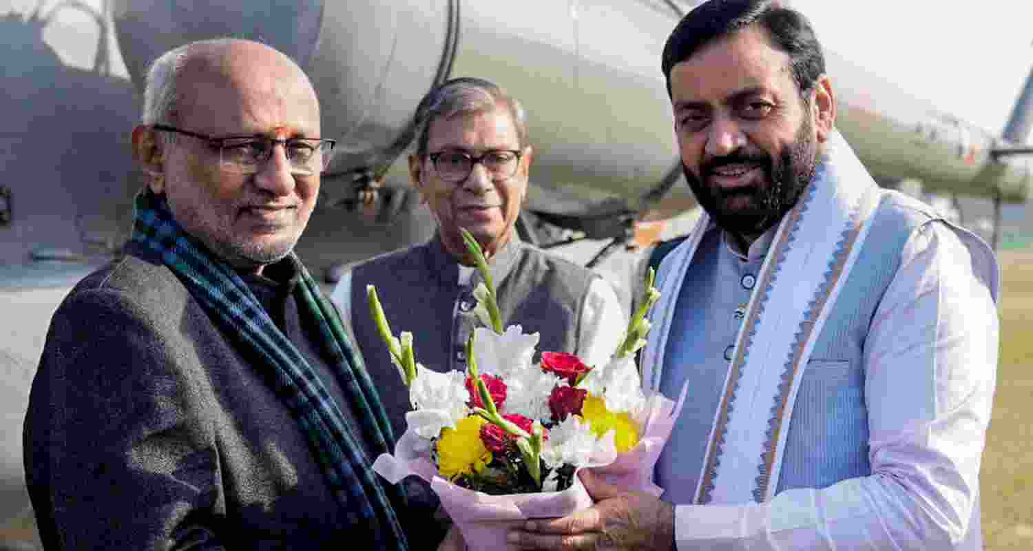 Vice-President CP Radhakrishnan receives a warm welcome from Haryana Chief Minister Nayab Singh Saini on his arrival, in Kurukshetra on Sunday. Haryana Governor Ashim Kumar Ghosh also present. Vice-President CP Radhakrishnan receives a warm welcome from Haryana Chief Minister Nayab Singh Saini on his arrival, in Kurukshetra on Sunday. Haryana Governor Ashim Kumar Ghosh also present.