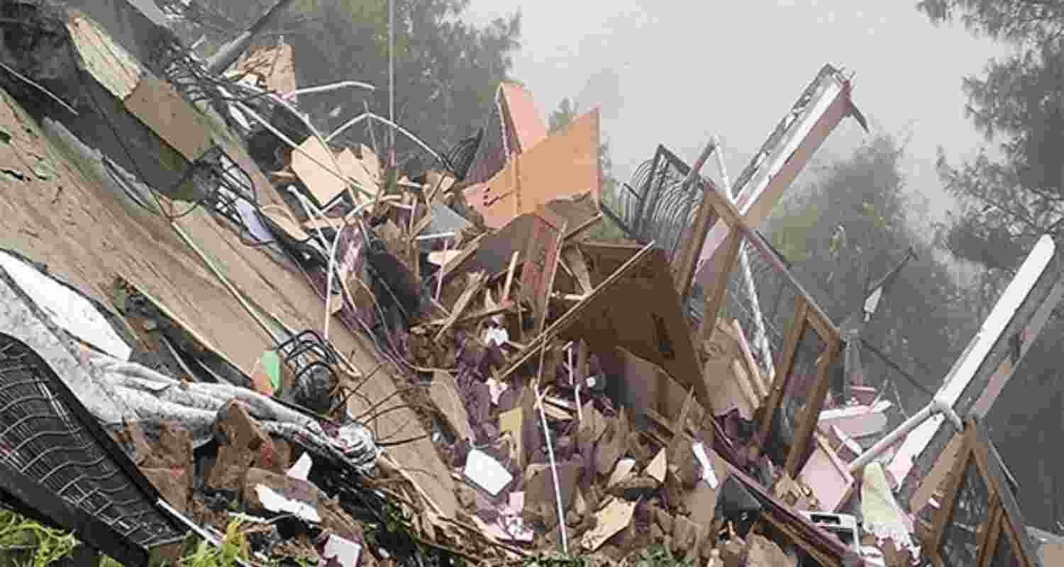 A five-storey residential building collapsed in Shimla due to heavy rains earlier on Monday. A five-storey residential building collapsed in Shimla due to heavy rains earlier on Monday.