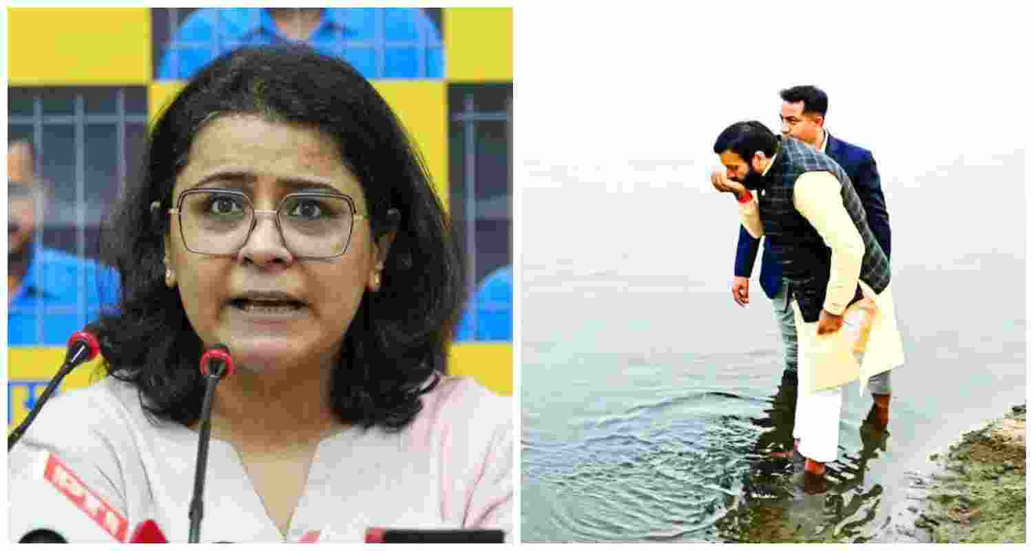 AAP leader Priyanka Kakkar (L). Haryana CM Nayab Singh Saini sips Yamuna water during his visit to Palla village on Wednesday, which AAP claims was a staged act (R). AAP leader Priyanka Kakkar (L). Haryana CM Nayab Singh Saini sips Yamuna water during his visit to Palla village on Wednesday, which AAP claims was a staged act (R).