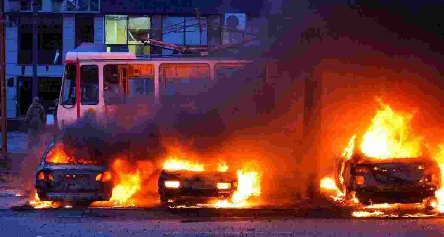 In this photo provided by the Zaporizhzhia regional military administration on Jan. 8, 2025, cars burning after a Russian air strike in Zaporizhzhia, Ukraine. In this photo provided by the Zaporizhzhia regional military administration on Jan. 8, 2025, cars burning after a Russian air strike in Zaporizhzhia, Ukraine.
