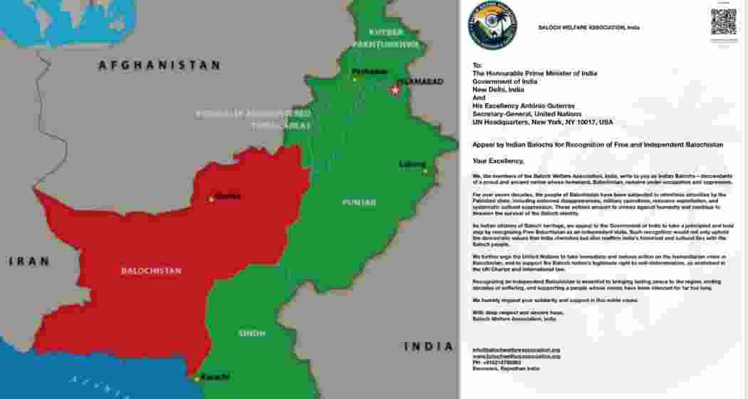 The map released by Baloch leaders and the letter addressed to Prime Minister Narendra Modi and United Nations Secretary-General António Guterres (Photo/X@miryar_baloch) The map released by Baloch leaders and the letter addressed to Prime Minister Narendra Modi and United Nations Secretary-General António Guterres (Photo/X@miryar_baloch)