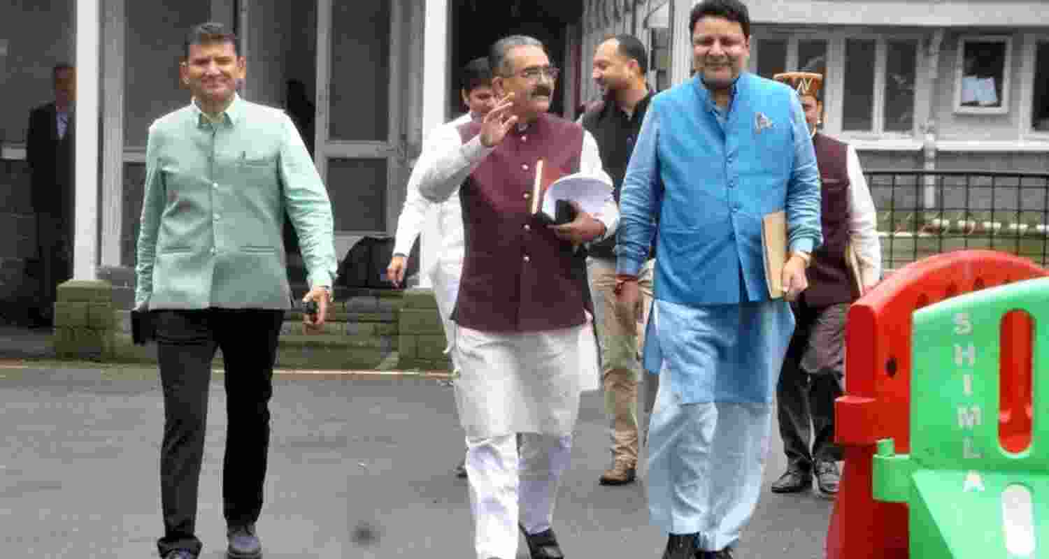 BJP MLAs on way to attend Vidhan Sabha monsoon session in Shimla on Tuesday. BJP MLAs on way to attend Vidhan Sabha monsoon session in Shimla on Tuesday.