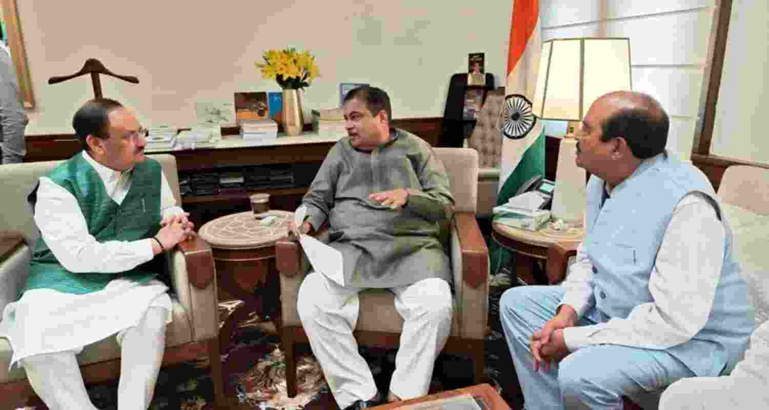 BJP national president JP Nadda and Rajya Sabha MP Harsh Mahajan during a meeting with Union Minister for Road Transport and Highways Nitin Gadkari in New Delhi. BJP national president JP Nadda and Rajya Sabha MP Harsh Mahajan during a meeting with Union Minister for Road Transport and Highways Nitin Gadkari in New Delhi.