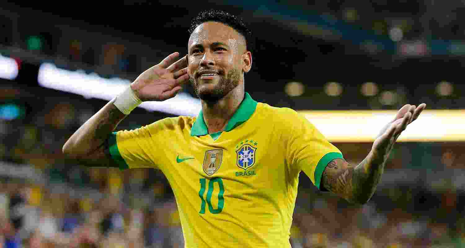 Neymar Jr. celebrates a goal. Neymar Jr. celebrates a goal.