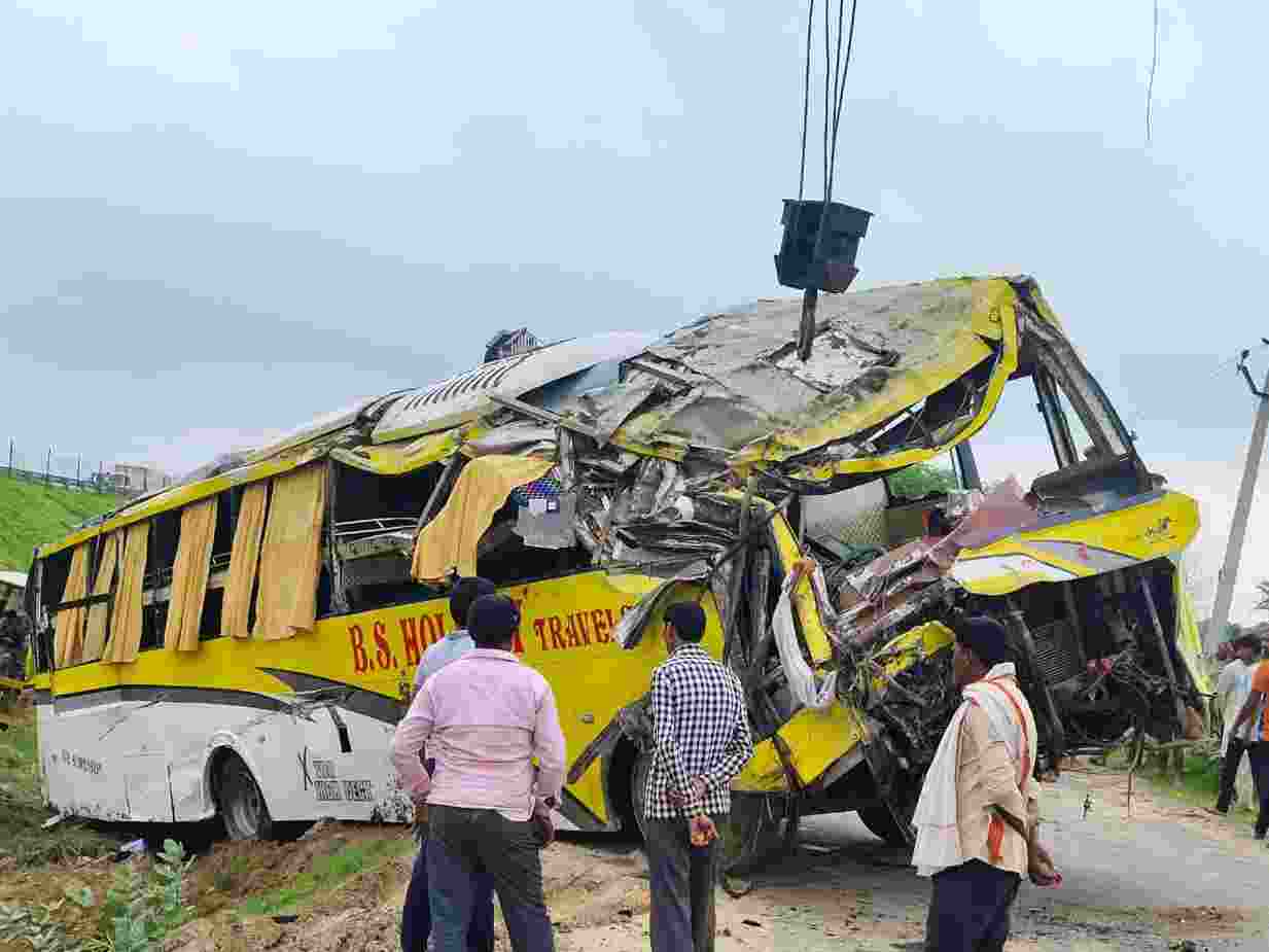 The bus with a Nagaland number plate was on its way to Delhi from Rae Bareli when at around 12.45 am it collided with a car coming from the wrong lane, a police official has said. The bus with a Nagaland number plate was on its way to Delhi from Rae Bareli when at around 12.45 am it collided with a car coming from the wrong lane, a police official has said.