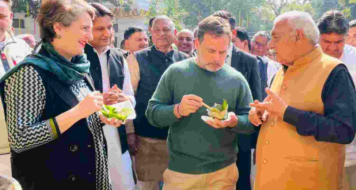 Congress leaders Rahul Gandhi and Priyanka Gandhi with former Haryana CM Bhupinder Singh Hooda and MP Deepender Hooda during a lunch meeting in Delhi on Friday. Congress leaders Rahul Gandhi and Priyanka Gandhi with former Haryana CM Bhupinder Singh Hooda and MP Deepender Hooda during a lunch meeting in Delhi on Friday.