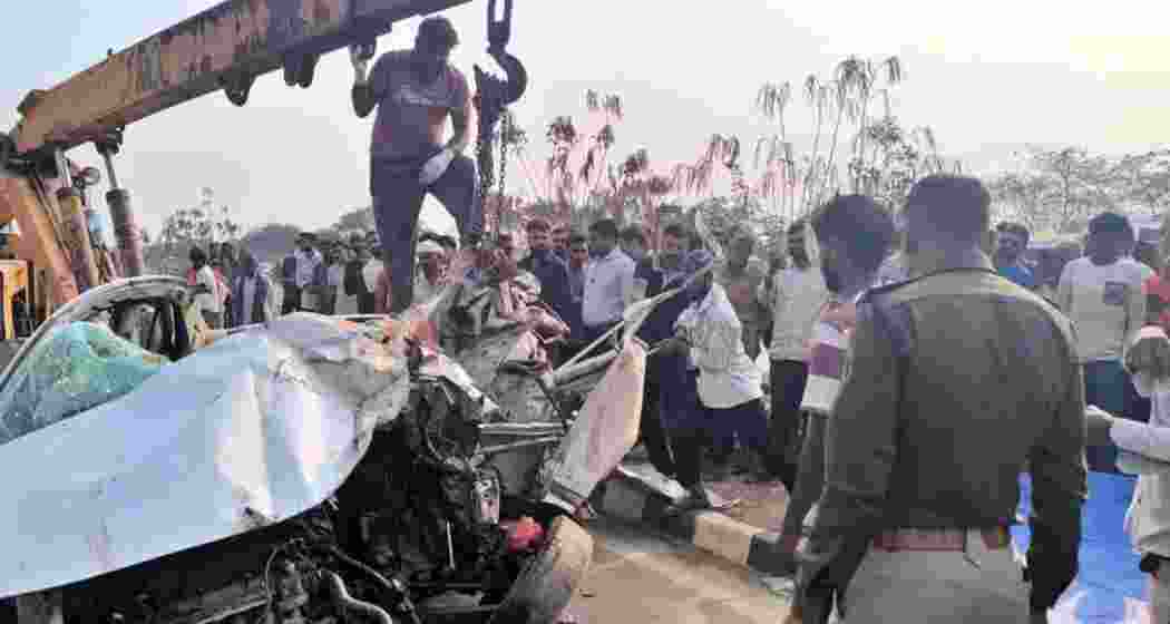 Rescue personnel conduct search and relief operations at the accident site in Dhamtari district on Saturday after a car carrying CoBRA commandos rammed into a stationary truck. Rescue personnel conduct search and relief operations at the accident site in Dhamtari district on Saturday after a car carrying CoBRA commandos rammed into a stationary truck.