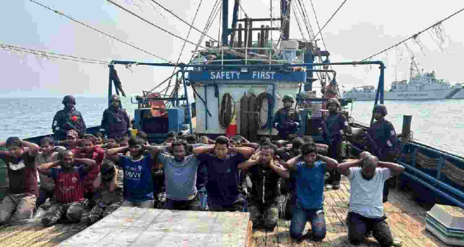 Bangladeshi fishermen detained by the Indian Coast Guard. Bangladeshi fishermen detained by the Indian Coast Guard.
