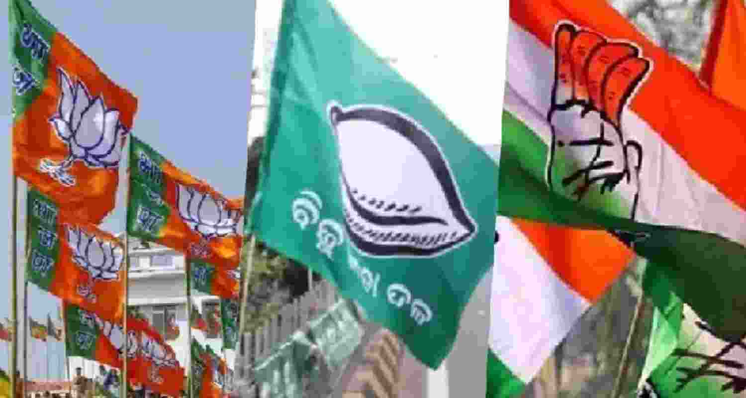 Flags of BJP, BJD and Congress. Flags of BJP, BJD and Congress.