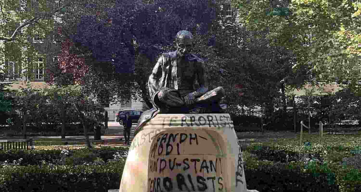The plinth of the statue in London's Tavistock Square was defaced with some graffiti, as was seen in some pictures circulating on social media The plinth of the statue in London's Tavistock Square was defaced with some graffiti, as was seen in some pictures circulating on social media